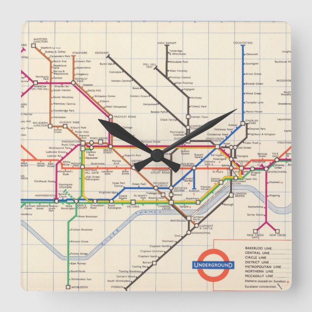 Londons Untergrund-Karte Quadratische Wanduhr (Vorderseite)