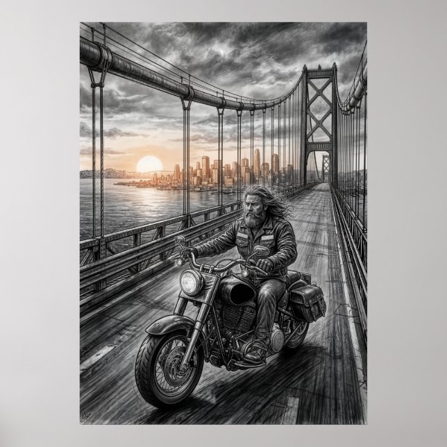  Lone Biker Crosses Suspension Bridge City Skyline Poster (Vorne)
