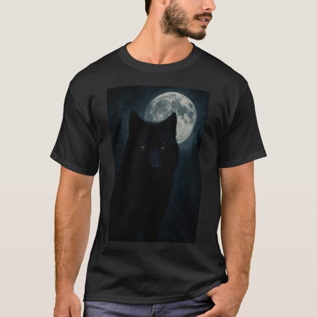 Lone Black Wolf Under Moonlight – Dark Forest T-Shirt (Vorderseite)