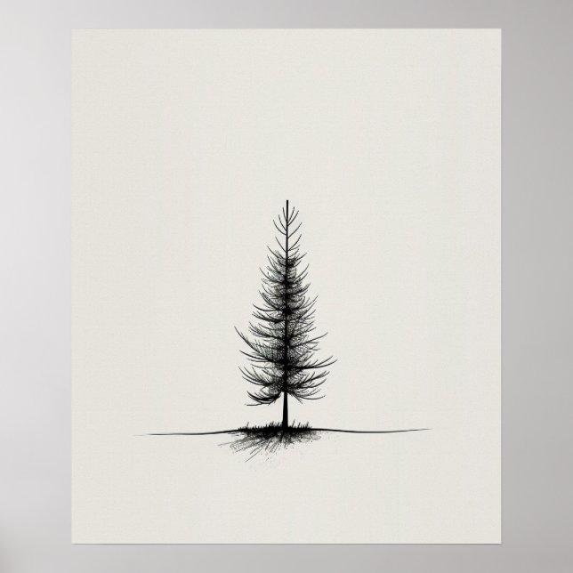 Lone Pine Tree Moderne Schwarze Linie minimalistis Poster (Vorne)