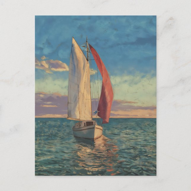 Lone Sailboat - Impressionism Style Seascape Art Postkarte (Vorderseite)