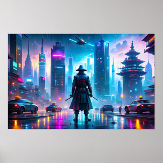 Lone samurai in futuristischer Stadt Poster