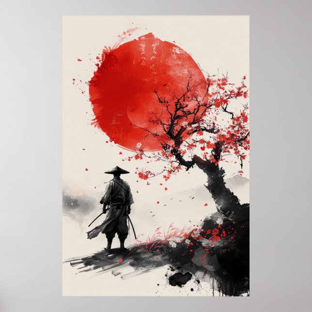 Lone Samurai – Rote Sonne Japanische Tuschkunst Poster (Vorne)