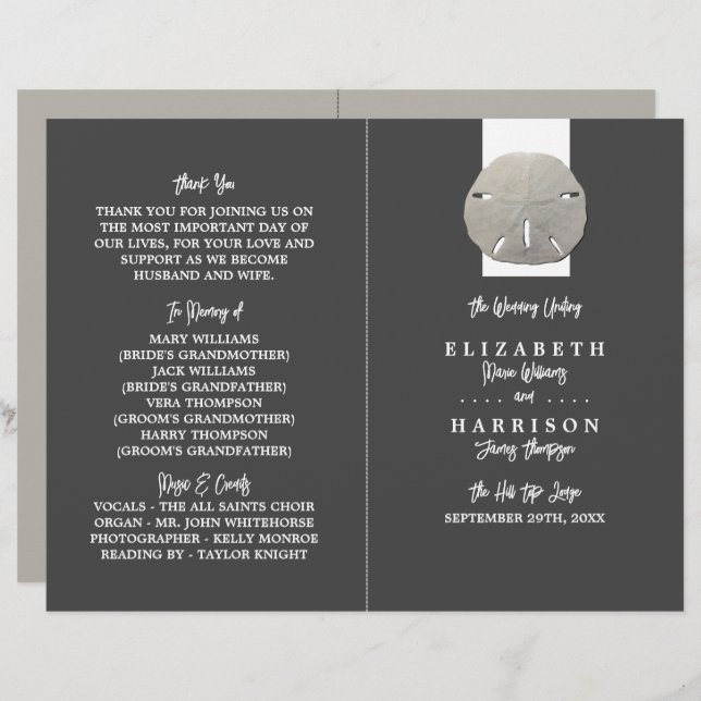 Lone Sand Dollar, Charcoal Gray, Hochzeitsprogramm (Vorne/Hinten)