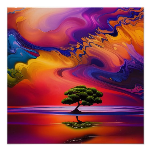 Lone Tree in Water bunter Himmel Poster (Vorderseite)