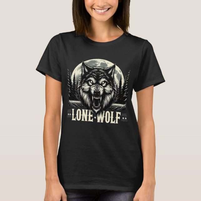 Lone Wolf Silhouette gegen Vollmond T-Shirt (Vorderseite)