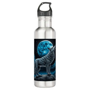 Lone Wolf und Vollmond Schwarz und Blau Edelstahlflasche