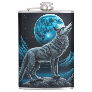 Lone Wolf und Vollmond Schwarz und Blau Flachmann