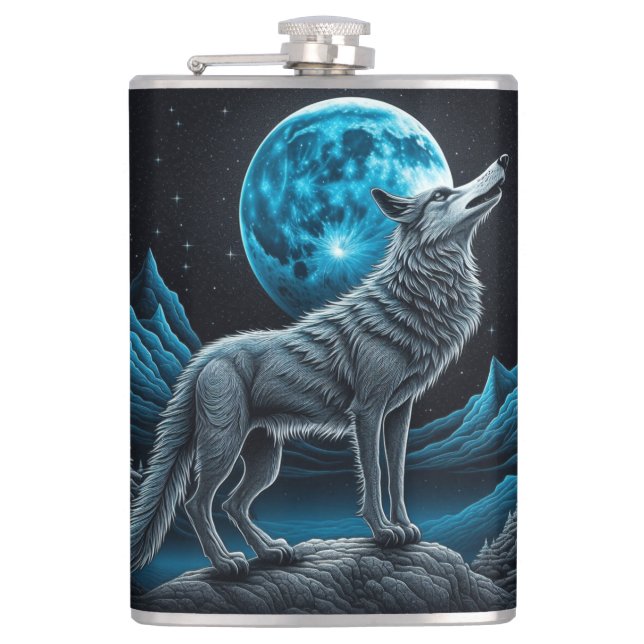 Lone Wolf und Vollmond Schwarz und Blau Flachmann (Vorderseite)