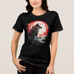 Lone Wolf Under Moon – Red Forest Art Tri-Blend Shirt