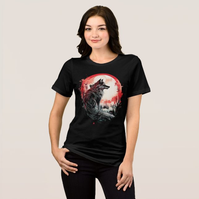Lone Wolf Under Moon – Red Forest Art Tri-Blend Shirt (Vorderseite voll)