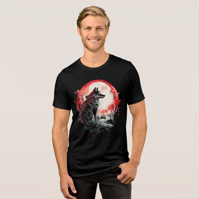 Lone Wolf Under Moon – Red Forest Art Tri-Blend Shirt (Vorderseite voll)