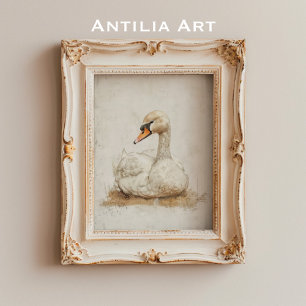 Lonely Swan Painting Moody Rustic Bird Poster