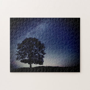 Lonely Tree on Hill Starry Night Sky Scene Puzzle