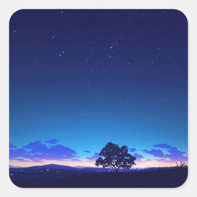 Lonely Tree Silhouette Under Starry Night Sky Quadratischer Aufkleber (Vorderseite)