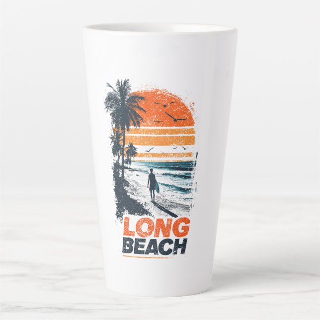 Long Beach California Retro Sunset Palm Tree Beach Milchtasse (Vorderseite)