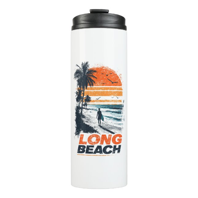 Long Beach California Retro Sunset Palm Tree Beach Thermosbecher (Vorderseite)