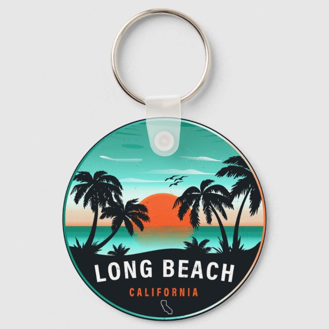 Long Beach California Retro Sunset Souvenirs 80er Schlüsselanhänger (Vorderseite)
