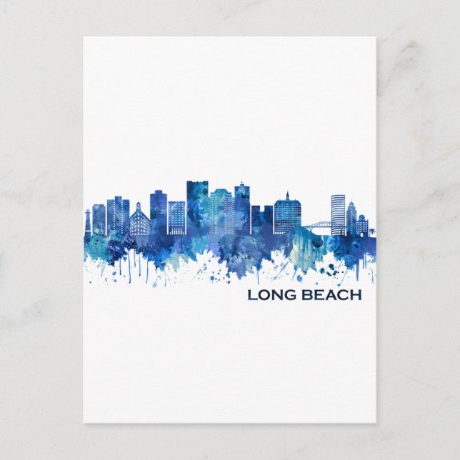 Long Beach California Skyline Blue Einladungspostkarte (Vorderseite)