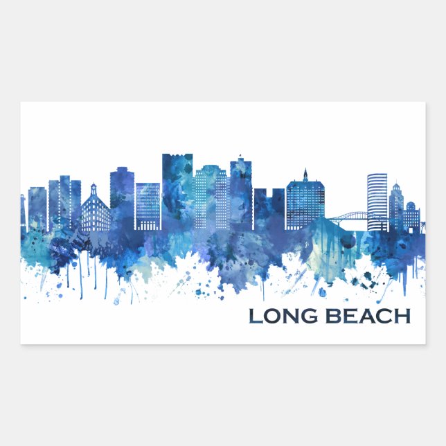 Long Beach California Skyline Blue Rechteckiger Aufkleber (Vorderseite)