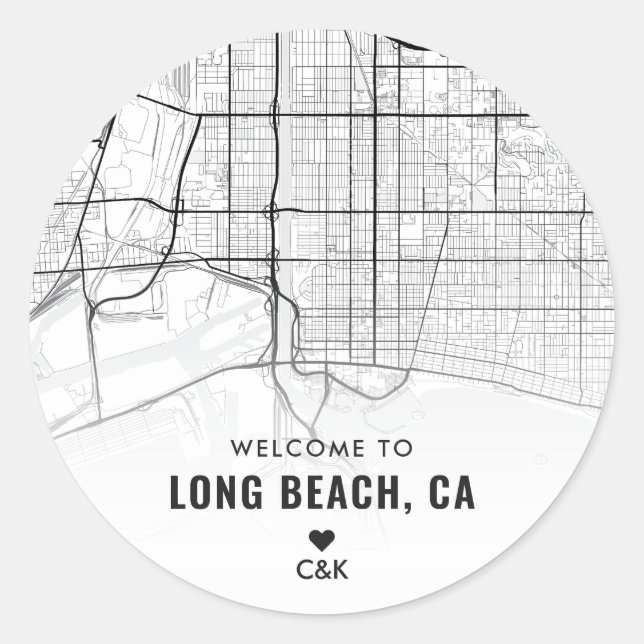 Long Beach, Kalifornien City Map | Begrüßung Runder Aufkleber (Vorderseite)
