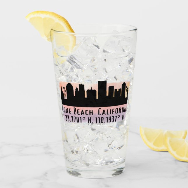 Long Beach Skyline Latitude und Longitude Pint Glas (Vorderseite Ice)
