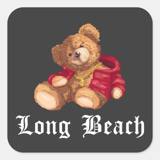 Long Beach Teddy Urban Streetwear Quadratischer Aufkleber (Vorderseite)