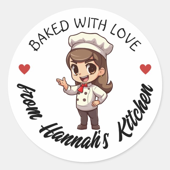 Long Brown Hair Baker Kawaii gebacken mit Liebe Runder Aufkleber (Vorderseite)