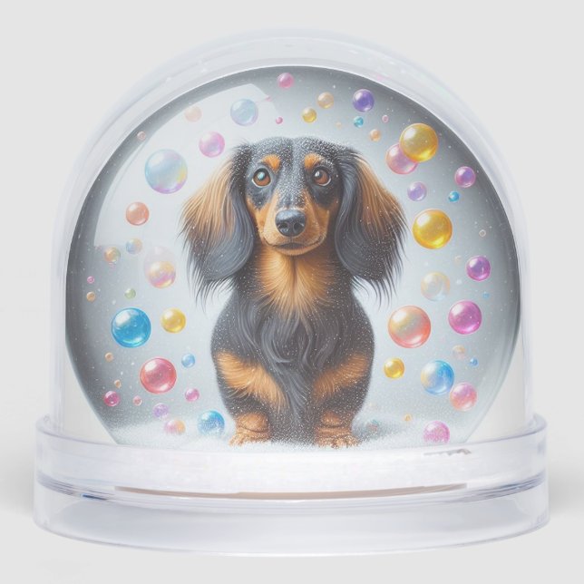 LONG HAIR BLACK AND TAN DACHSHUND SNOW GLOBE SCHNEEKUGELN (Vorderseite)