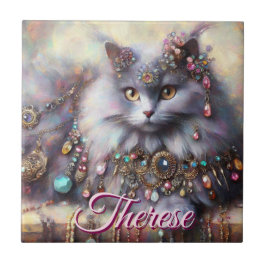 Long Hair Gray Cat w/Jewels Gemstones Personalized Fliese
