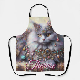 Long Hair Gray Cat w/Jewels Gemstones Personalized Schürze