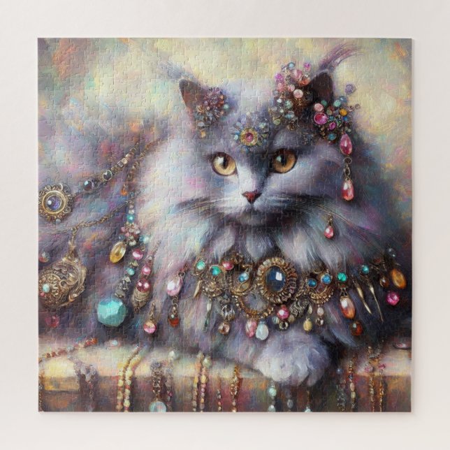 Long Hair Gray Cat w/Juwels Gemstones Malerei Puzzle (Vertikal)