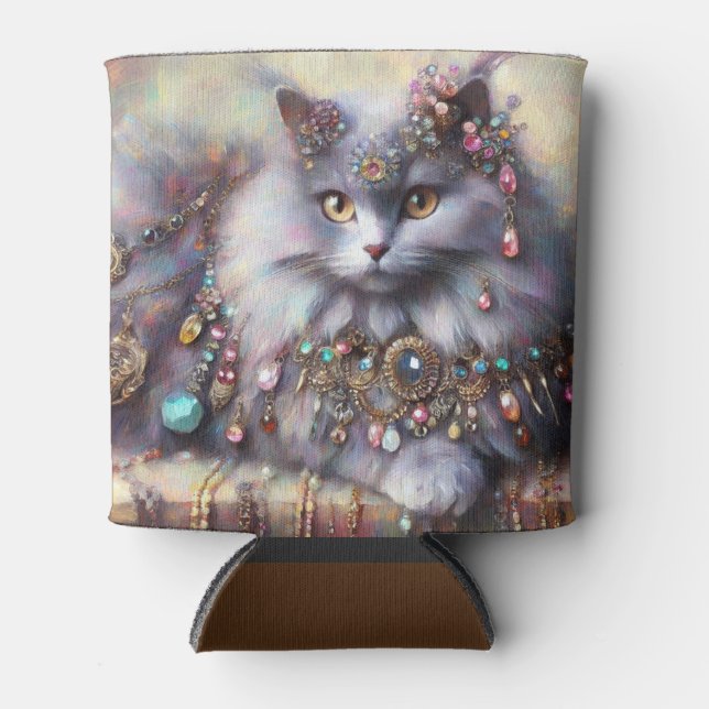 Long Hair Gray Kitty Cat Tragen Schmucksteine Dosenkühler (Vorderseite)