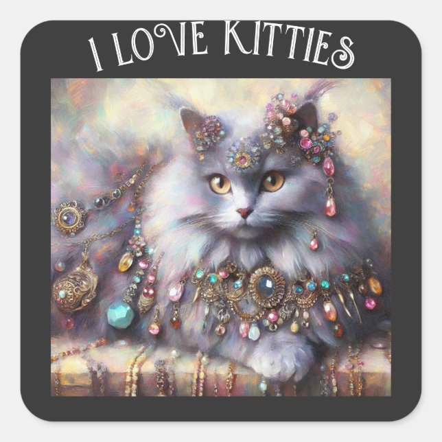 Long Hair Gray Kitty Cat Tragen Schmucksteine Quadratischer Aufkleber (Vorderseite)