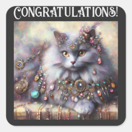 Long Hair Gray Kitty Cat Tragen Schmucksteine Quadratischer Aufkleber