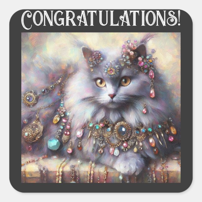 Long Hair Gray Kitty Cat Tragen Schmucksteine Quadratischer Aufkleber (Vorderseite)