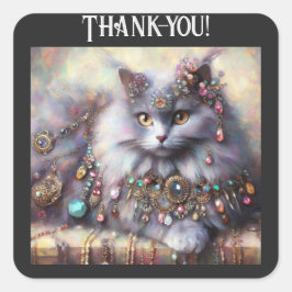 Long Hair Gray Kitty Cat Tragen Schmucksteine Quadratischer Aufkleber