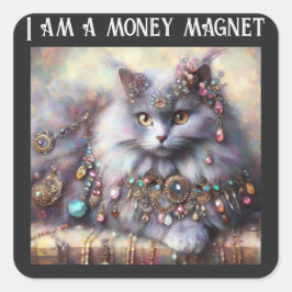 Long Hair Gray Kitty Cat Tragen Schmucksteine Quadratischer Aufkleber