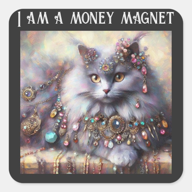 Long Hair Gray Kitty Cat Tragen Schmucksteine Quadratischer Aufkleber (Vorderseite)