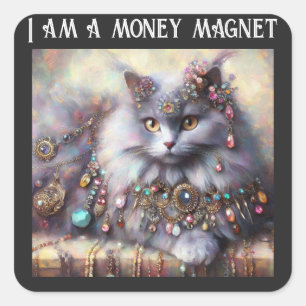 Long Hair Gray Kitty Cat Tragen Schmucksteine Quadratischer Aufkleber