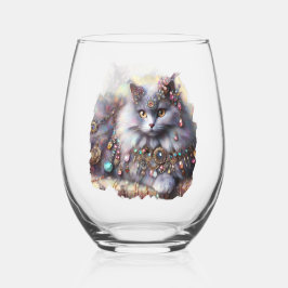 Long Hair Gray Kitty Cat Tragen Schmucksteine Weinglas Ohne Stiel