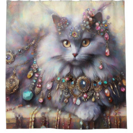 Long Hair Gray Nebelung Cat Kitty Jewelry Juwelen Duschvorhang