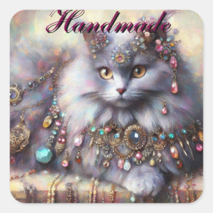 Long Hair Gray Nebelung Cat Kitty Jewelry Juwelen Quadratischer Aufkleber