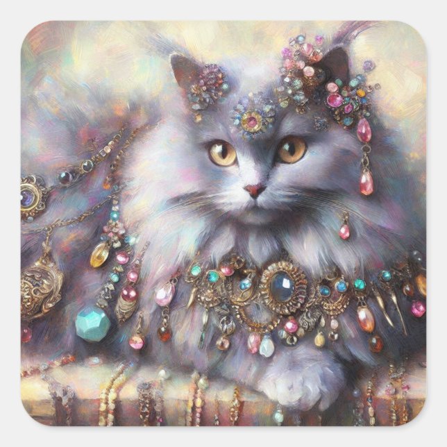 Long Hair Gray Nebelung Cat Kitty Jewelry Juwelen Quadratischer Aufkleber (Vorderseite)