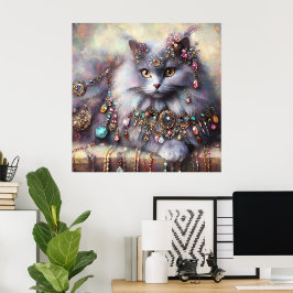 Long Hair Gray Nebelung Cat Kitty w/Jewels Schmuck Poster