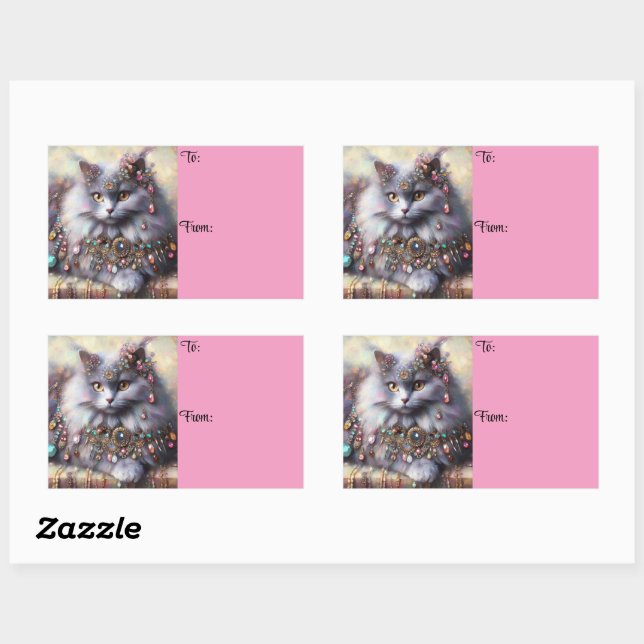 Long Hair Gray Nebelung Cat Kitty w/Jewels Schmuck Rechteckiger Aufkleber (Blatt)