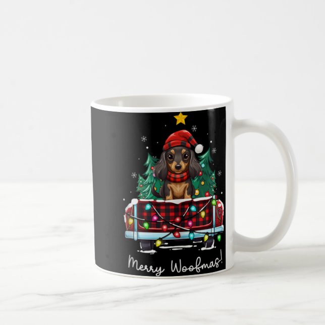 Long Haired Dachshund Christmas Dog Truck Plaid Fu Kaffeetasse (Rechts)