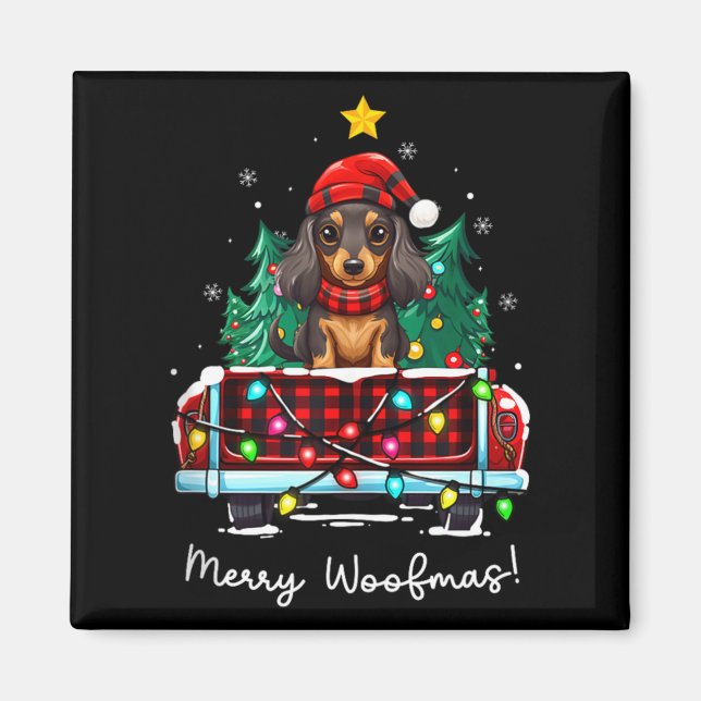 Long Haired Dachshund Christmas Dog Truck Plaid Fu Magnet (Vorne)