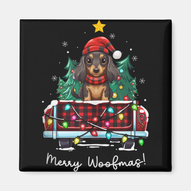 Long Haired Dachshund Christmas Dog Truck Plaid Fu Magnet (Vorne)