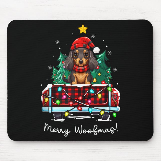 Long Haired Dachshund Christmas Dog Truck Plaid Fu Mousepad (Vorne)